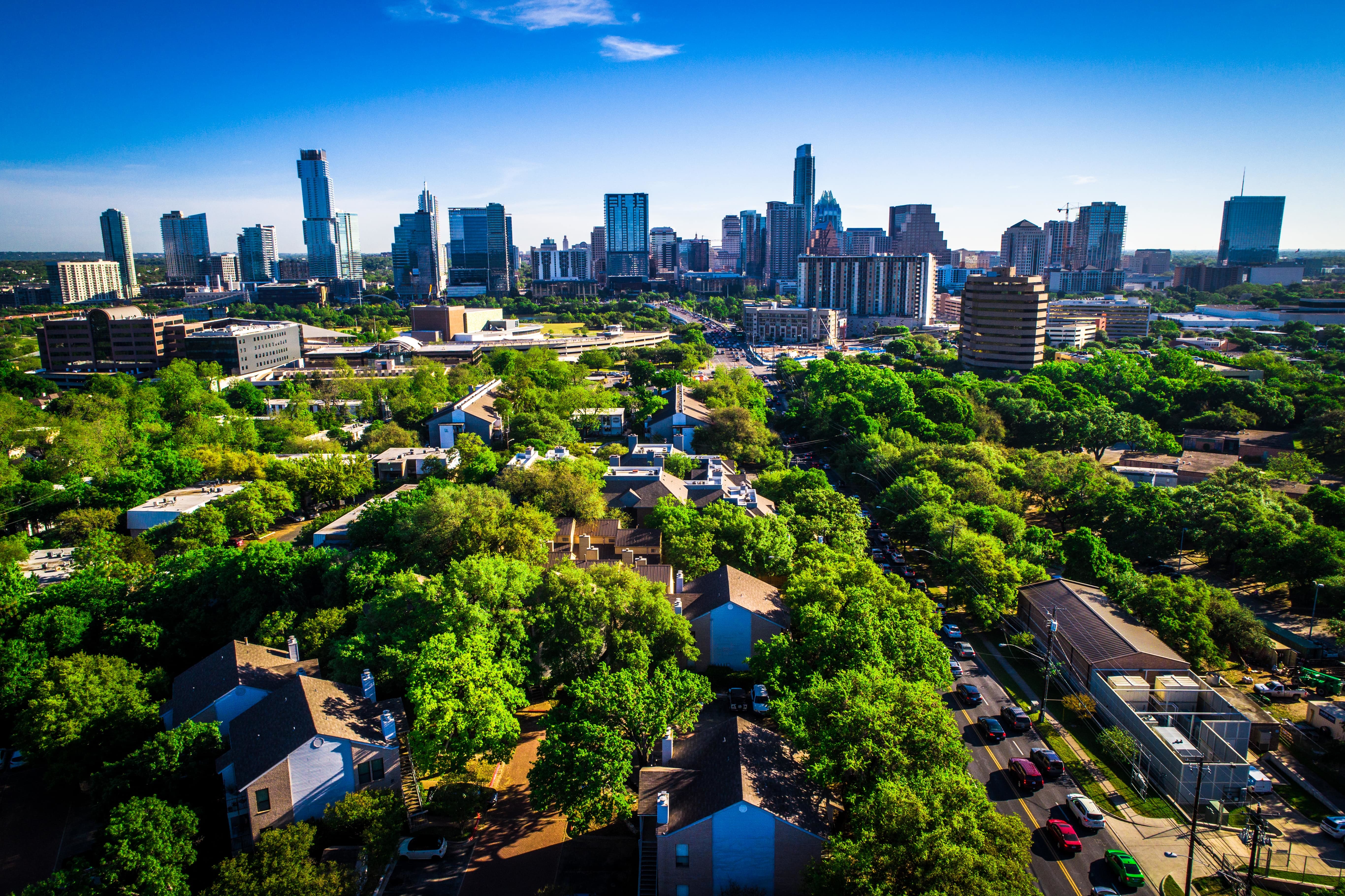 Areal view of downtown South Austin, Texas. 